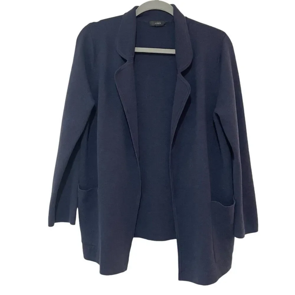 Womens J.Crew Eloise Navy Blue Wool Blend Open Knit Blazer Pockets Workwear